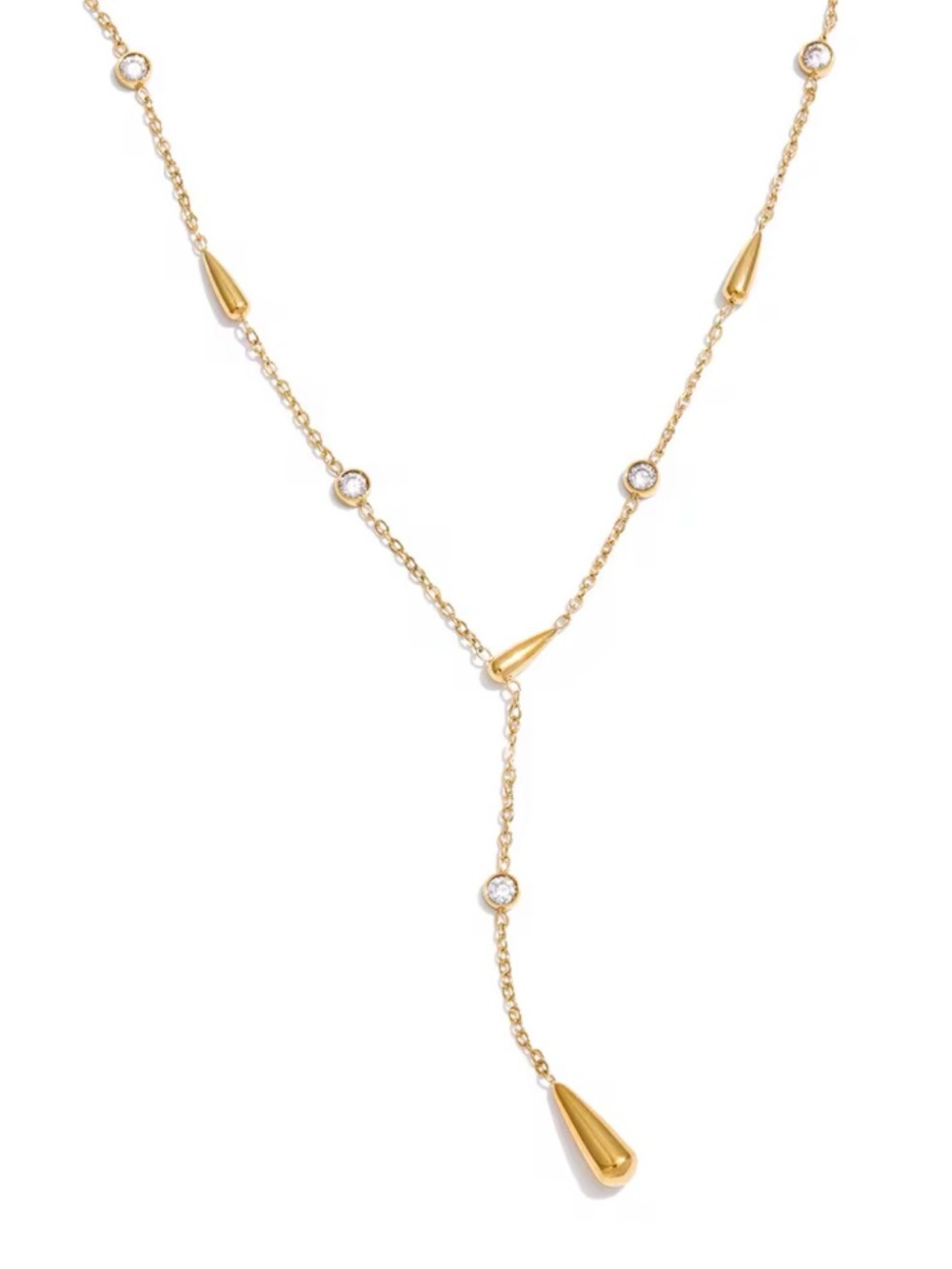 Gold Plated Stainless Steel Teardrop Lariat Necklace - Elegant Drop Pendant - Picture 2 of 3